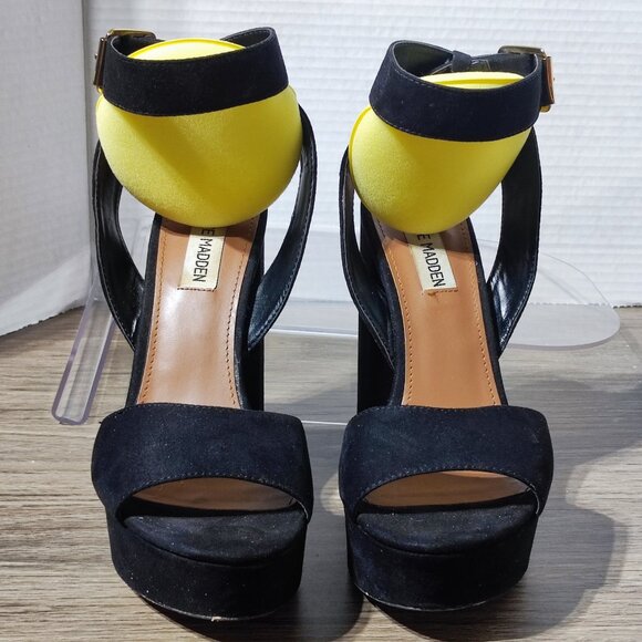 Steve Madden Kali Chunky Heels women's size 8.5 black flocked fabric - Picture 3 of 11